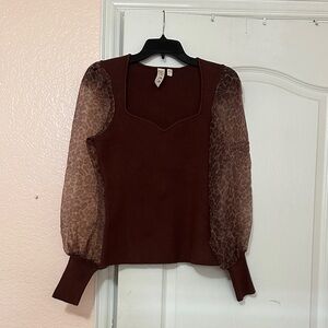 Dolan Brown Top with Sheer Sleeves